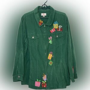 Green Corduroy Jacket with Christmas Gift Embroidery Quacker Factory